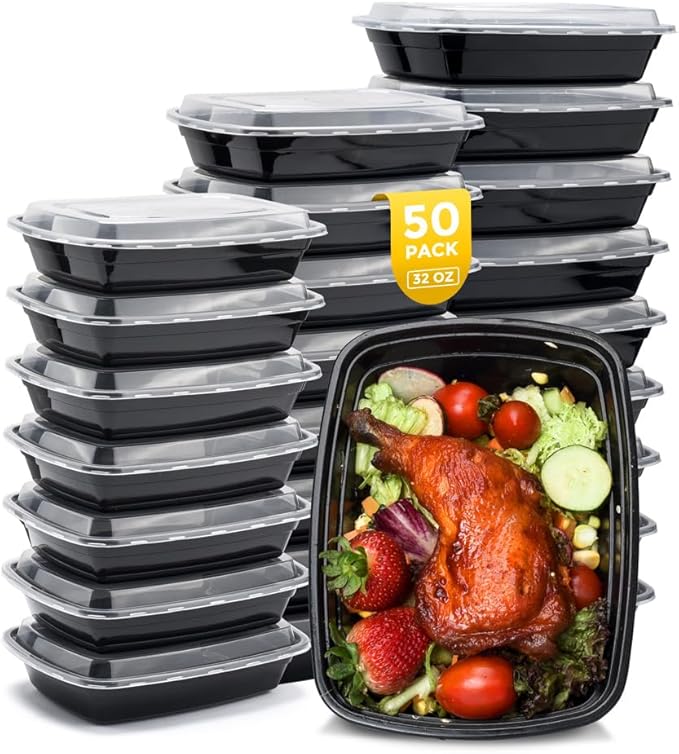 Glotoch 50 Pack (100-Piece) 32 oz 1 Compartment Meal Prep Containers with Lids, Plastic Food Storage Containers for Lunch, Microwave, Freezer, and Dishwasher Safe Take out Containers