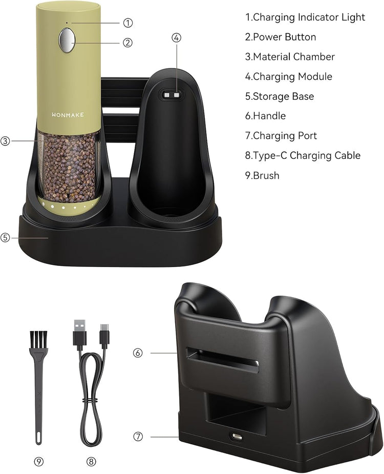 Electric Salt and Pepper Grinder Set - Automatic Refillable Salt and Pepper Grinders with Charging Base & LED Light, 6-Level Adjustable Coarseness with External Dial, Ideal Kitchen Gadget๏ผGreen