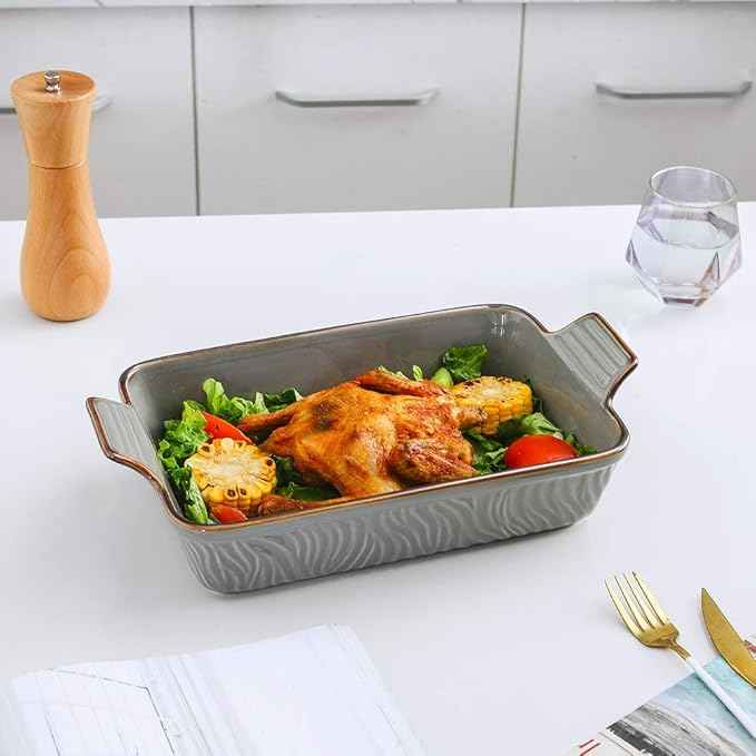 KOOV Bakeware Set, Ceramic Baking Dish Set, Rectangular Casserole Dish Set, Lasagna Pans for Cooking, Cake Dinner, Kitchen, 9 x 13 Inches, Texture Series 3-Piece (Grey)