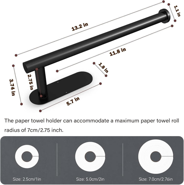 Self Adhesive or Drilling Paper Towel Holder Under Cabinet,Black Stainless Steel Hanging Paper Towel Holder Wall Mount for Kitchen Paper Towel,Under Counter Paper Towel Roll Rack for Home,Bathroom,RV