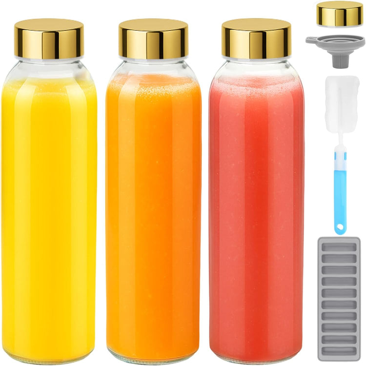 Zukro Glass Water Bottles with Gold Lids 18 oz, Reusable Clear Glass Juice Bottles Stainless Steel Airtight Cap for Juicing, 100% Leak Proof Juice Drinking Jar for Refrigerator, BPA Free, Set of 3