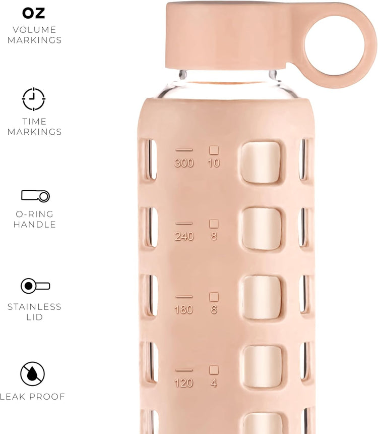 purifyou 40oz / 32oz / 22oz / 12oz Borosilicate Glass Water Bottle with Time & Volume Markers, Silicone Sleeve, Stainless Steel Lid – Reusable Glass Bottle for Water & Juice (12oz Hazelnut)