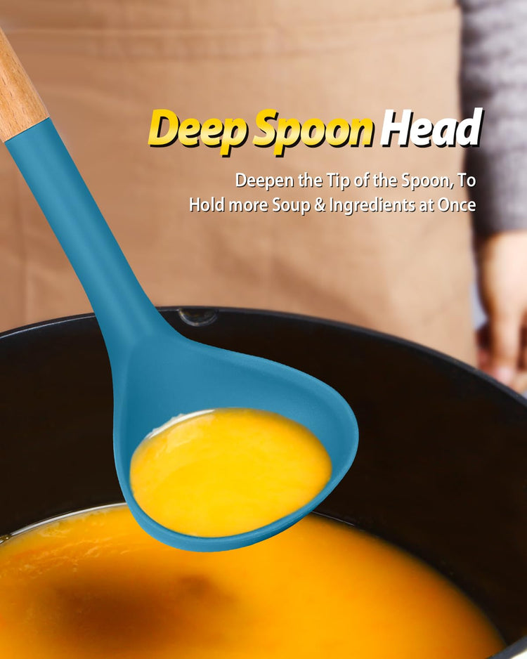 Silicone Pasta Fork and Ladle Spoon Set with Wooden Handle (2 Count)