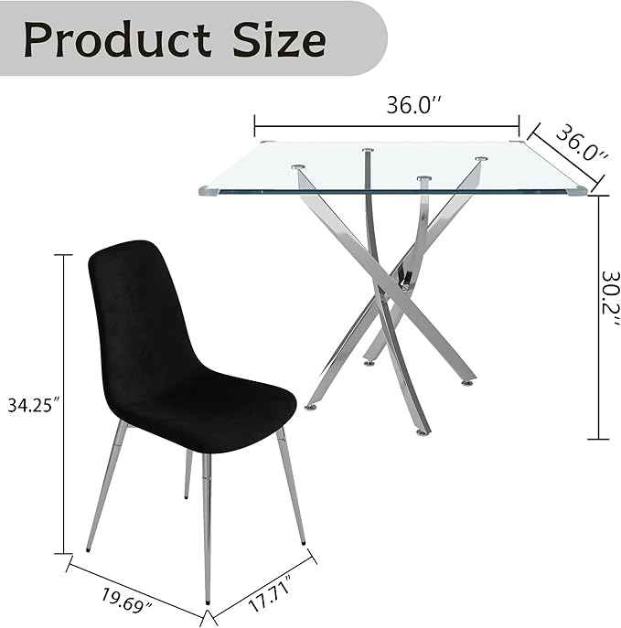 36" Square Glass Dining Table Set for 4, 5-Piece Modern Kitchen Table with 4 Black Velvet Chairs, Modern Circle Leisure Table for Home Office Dining Room Small Spaces (Silver Leg)