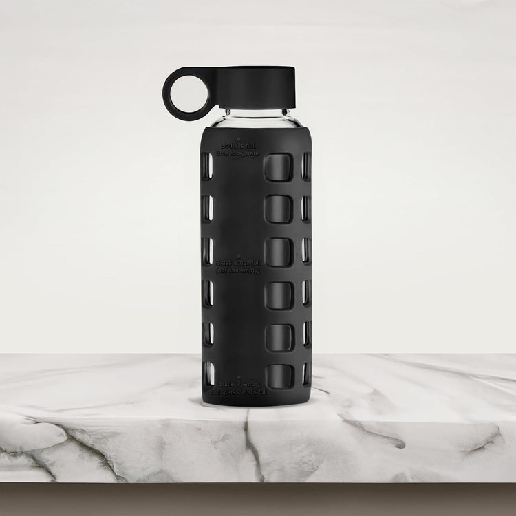 purifyou 40oz / 32oz / 22oz / 12oz Borosilicate Glass Water Bottle with Time & Volume Markers, Silicone Sleeve, Stainless Steel Lid – Reusable Glass Bottle for Water & Juice (12oz Jet Black)