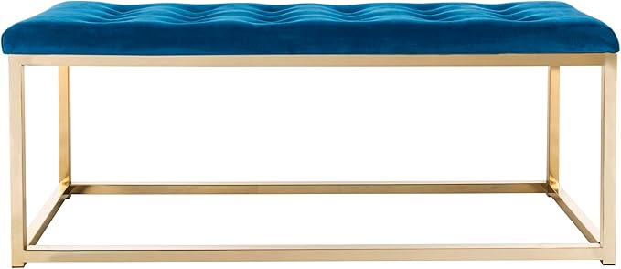 SAFAVIEH Home Collection – Reynolds Navy Tufted Upholstered Accent Bench, Modern Parsons-Style Open Frame Bench with Brass Legs for Bedroom, Entryway or Living Room (FOX6225G)
