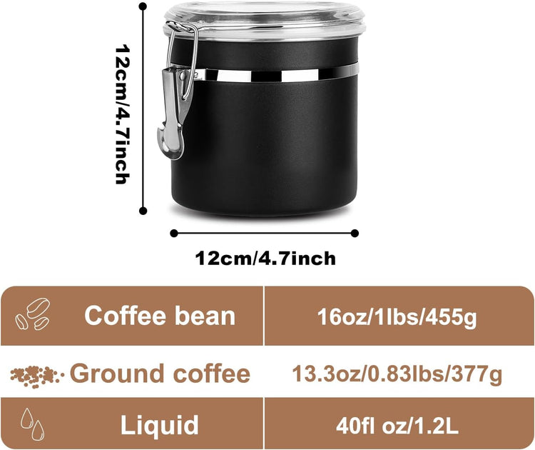 Stainless Steel Food Container with Clear Lids Airtight Storage Container Stackable Small Canisters Kitchen Pantry Storage for Cereal, Snacks, Candy, Herbs, Spices, Sugar, Tea (1.2L Black)