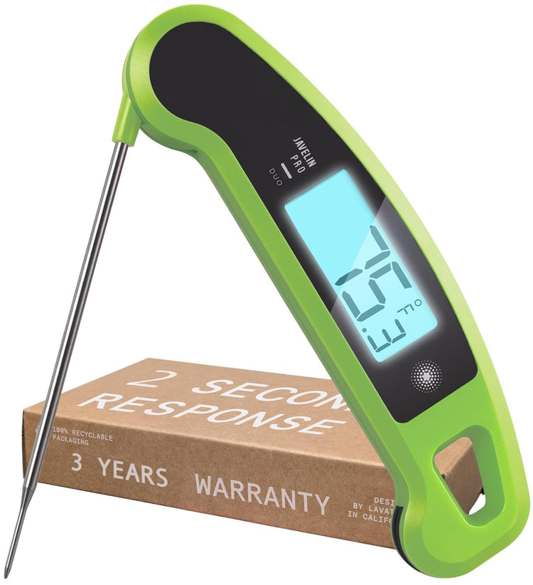Lavatools Javelinยฎ PRO Duo Ultra-Fast 2-Second Professional Digital Instant Read Meat Thermometer for Grill and Cooking, Auto-Rotating Backlit Display, IP65 Water Resistant, NSF Certified โ Wasabi
