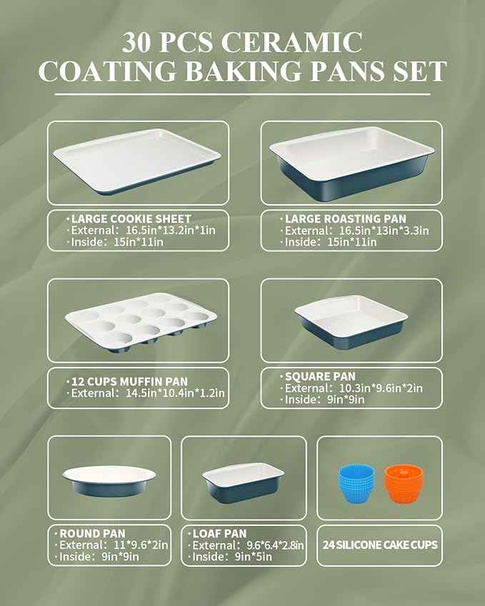 Ceramic Nonstick Baking Pans Set, Non Toxic 30 PCS Stackable Bakeware Sets, 550°F Oven Safe Baking Sheet & Pans, Warp-Free, Dishwasher Safe, PTFE/PFOA/PFOS-Free (Blue)