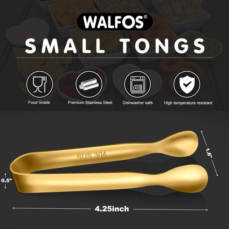 Walfos Small Gold Tongs For Serving,Food Grade Stainless Steel 4" Mini Tongs Appetizers for Parties Catering, Sugar,Desserts,Tea Party, Coffee Bar, Set of 12 (Gold)