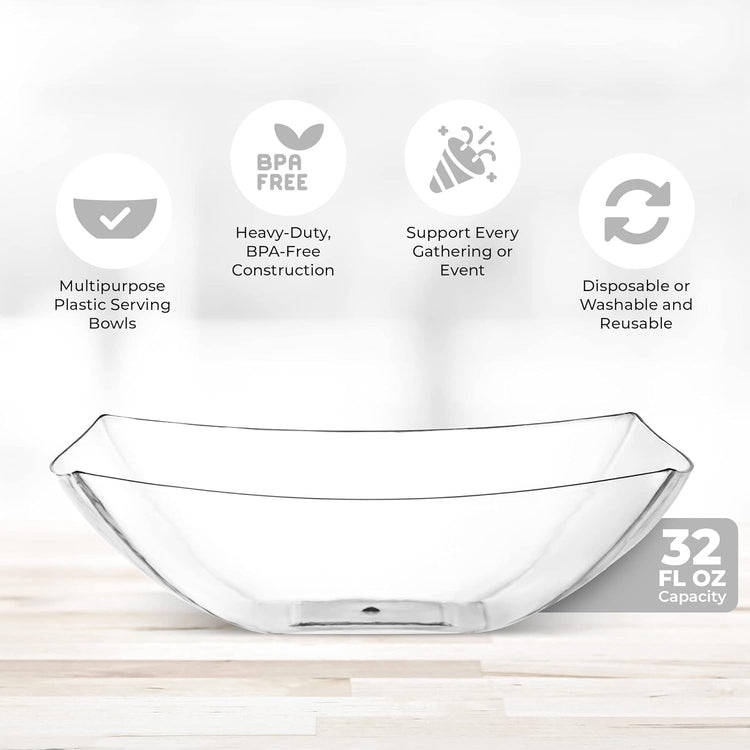 Posh Setting - Clear Plastic Serving Bowls for Party (32oz - 4 Pack) Square, Disposable, Salad & Fruit Bowls for Party Table, Candy Containers for Candy Buffet