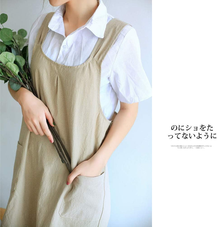 NEWGEM Japanese Linen Cross Back Cooking Aprons for Women Men with Pockets Cute for Baking Kitchen