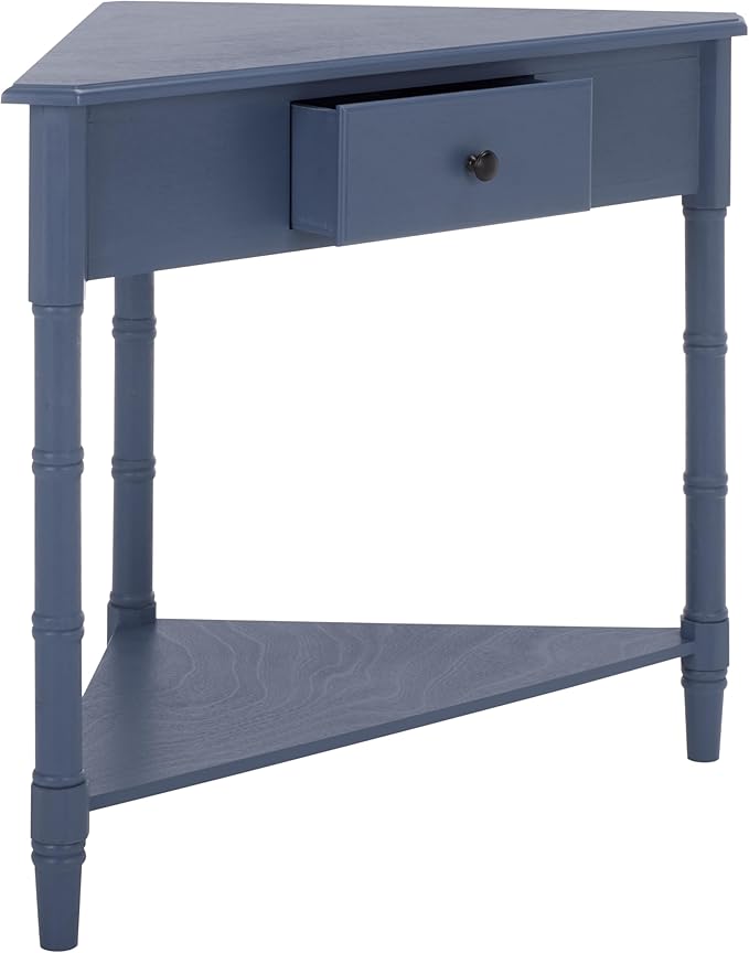 SAFAVIEH Home Collection – Gomez Blue Corner Table, 1-Drawer Space-Saving Triangle Accent Table, Classic Turned-Leg Design (AMH5709H)