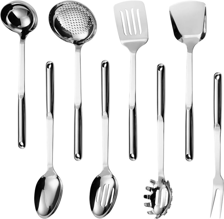 304 Stainless Steel Cooking Utensils Set, 8PCS Kitchen Utensils Set, Include Skimmer, Soup Ladle, Spaghetti Server, Wok Spatula, Slotted Spoon, Solid Spoon, Slotted Spatula Turner & Meat Fork
