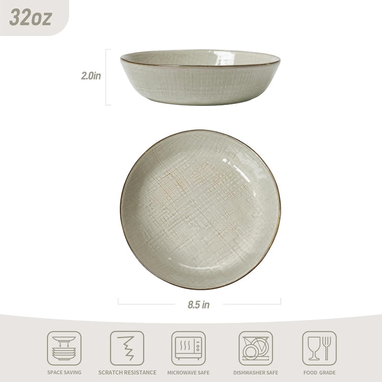famiware Moonlight 8.5 Inch Pasta Bowls Set of 4, 32oz Serving Bowls for Kitchen, Soup Bowl with Linen Finish, Large Stoneware Bowls for Festivals, Housewarming, Dinnerware, Summer Sand