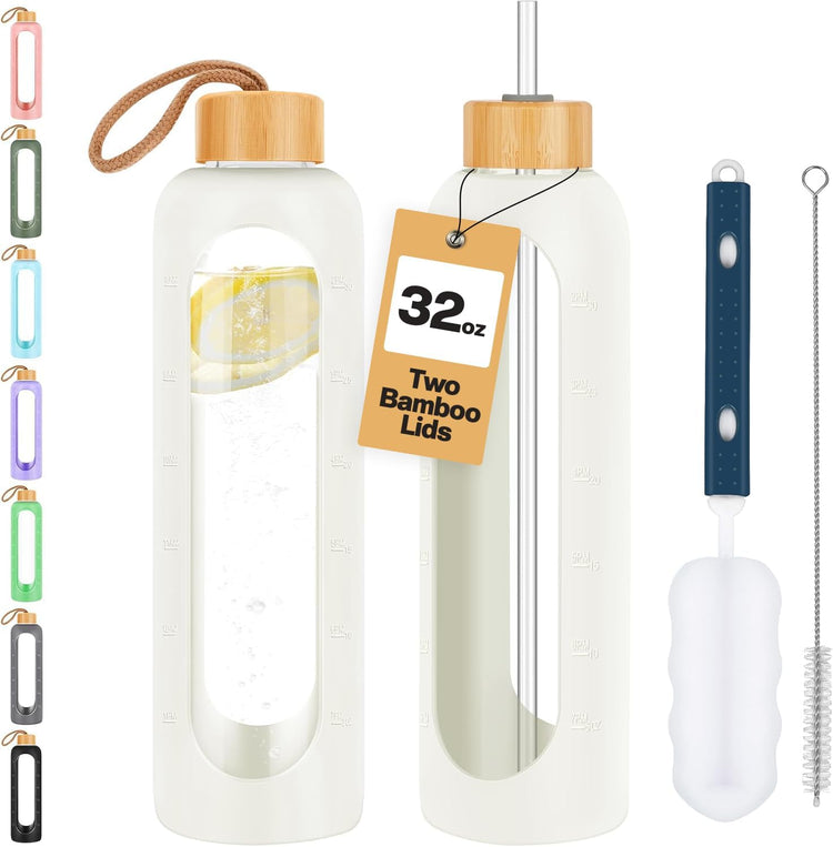 Glass Water Bottles 32 oz - Motivational Drinking Glass Water Bottle with Silicone Sleeve, Straw & 2 Bamboo Lids - 1 Liter Clear Borosilicate Daily Intake Tumbler with Time Marker - Cream