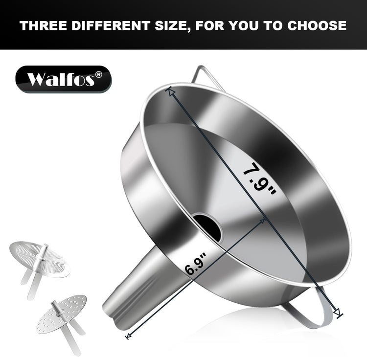 Walfos Extra Large Stainless Steel Funnel with Venting Slot, Kitchen Funnel with 2 Removable Strainer & 1Pc Cleaning Brush, Perfect for Transferring Liquid, Oils, Jam, Dry Ingredients (Jumbo, 7.9")