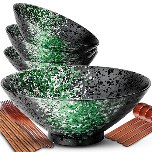 8 Inch Ramen Bowl Set 4 Large Japanese Bowls Ceramic Microwavable 16pcs (Green / 8 INCH 4 Set)
