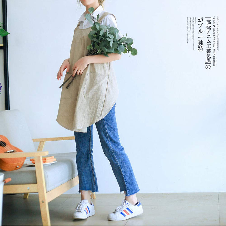 Japanese Linen Cross Back Kitchen Cooking Aprons for Women with Pockets Cute for Baking Painting Gardening Cleaning Khaki