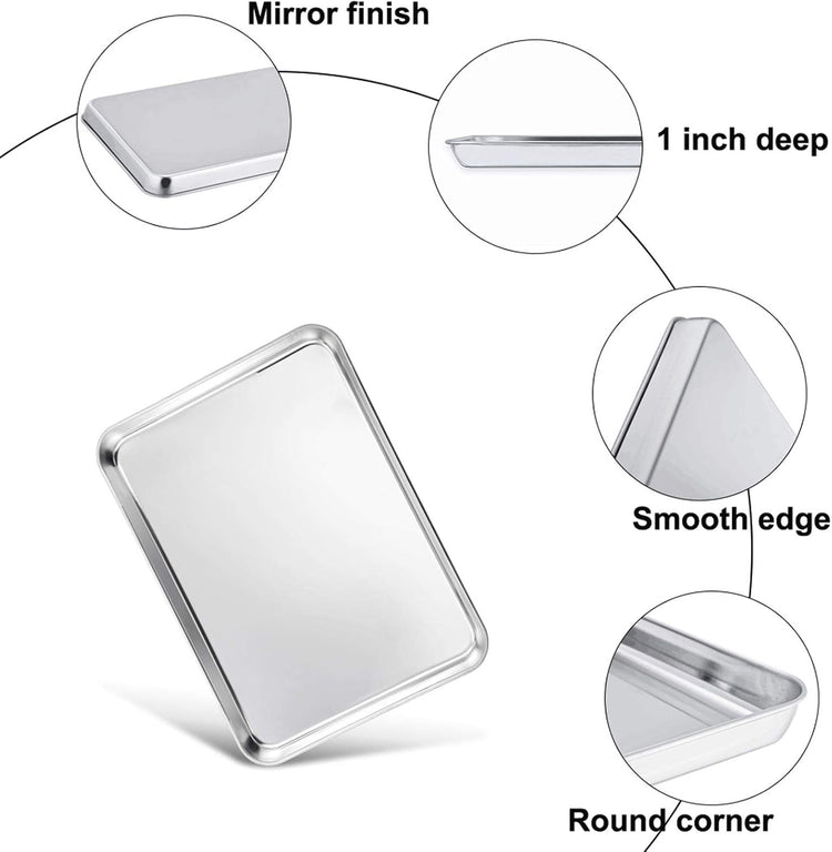 TeamFar 10.5’’ x 8’’ x 1’’ Toaster Oven Pan with Rack Set, Small Baking Pans Tray Stainless Steel with Cooling Rack Set of 4, Non-Toxic & Heavy Duty, Mirror Finish & Dishwasher Safe