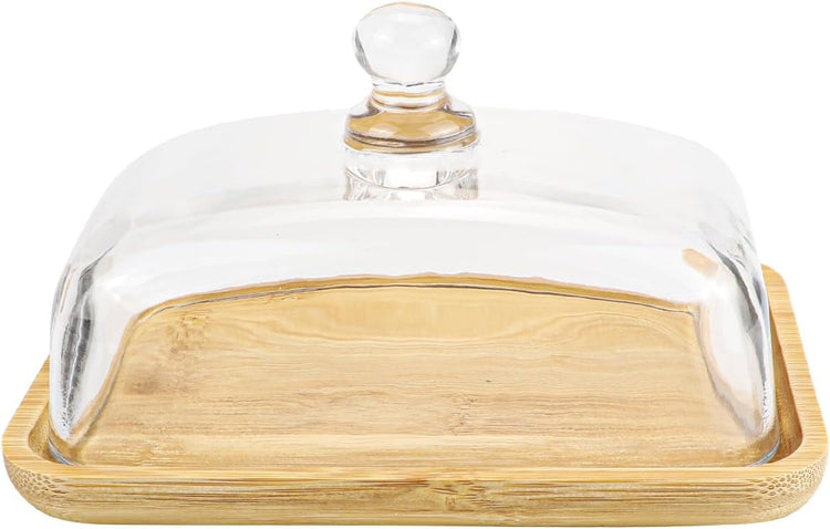 Crystal Clear Glass Butter Dish with Lid Butter Holder Container for Butter, Cream Cheese, and Dessert Cake(Bamboo)