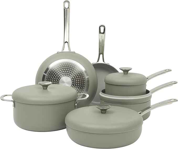 Sur La Table Kitchen Essentials Potluck Porch 10 Piece PFA Free Ceramic Non stick Interior Forged Aluminum Cookware Pots and Pans Set W/Aluminum Lids - Green - Induction Compatible
