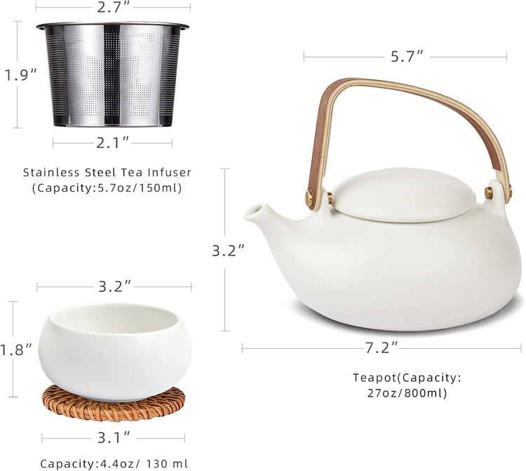 ZENS Modern Japanese Tea Set, 27 oz Ceramic Japanese Teapot with Fine Stainers and 4 Cups for Loose Leaf Tea Steeper, Wood Handle Matte Japanese Teapots Hot Tea Brewer for Tea Party Women Gifts