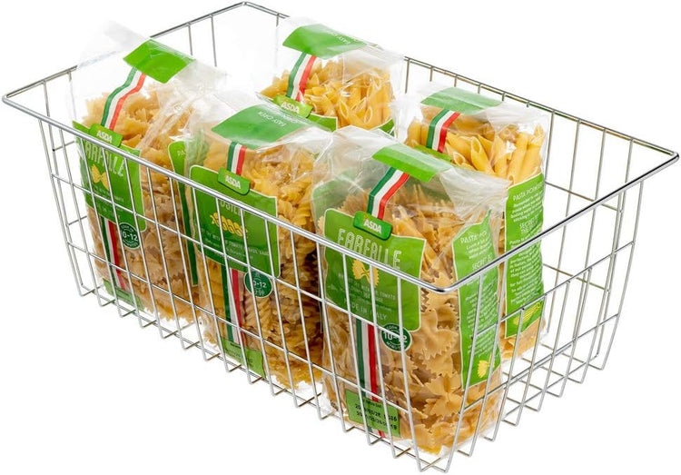 SANNO Freezer Baskets for Storage Pantry Large Metal Wire Food Storage Organizer Bin Basket with Handles - for Kitchen Cabinets, Pantry, Bathroom, Laundry Room, Closets, Garage - Chrome,2 pack