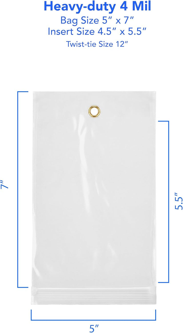 GPI - 5" x 7" Reclosable Zip Bags with Bottom Hang-hole & Pre-inserted 12" Twist-tie. 4 Mil Heavy-duty Resealable Zipper Baggy with Grommet/Metal Eyelet for Hanging (Insert Size 4.5x5.5) 100 Pack