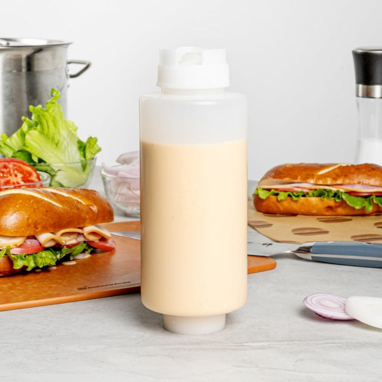Restaurantware 32oz. FIFO Inverted Plastic Squeeze Bottle with Refill and Dispensing Lids - First In First Out - Perfect for Restaurants Catering and Food Trucks - 1ct box