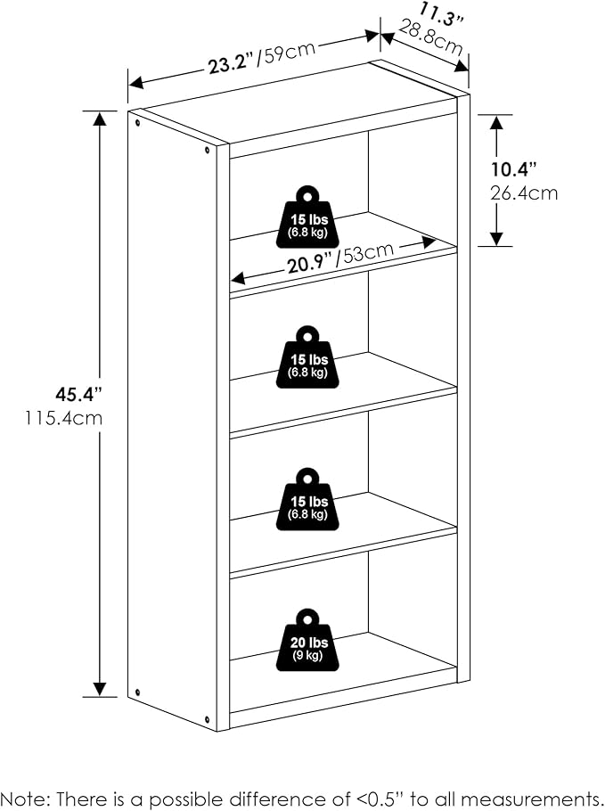 Furinno Viola Book Shelf, 4-Tier Bookshelf, Extra Thick Frame Bookcase with Open Shelf, Open Back Design, 11.3" x 23.2" x 45.4", for Living Room, Bedroom, Home Office, Black Dark Oak