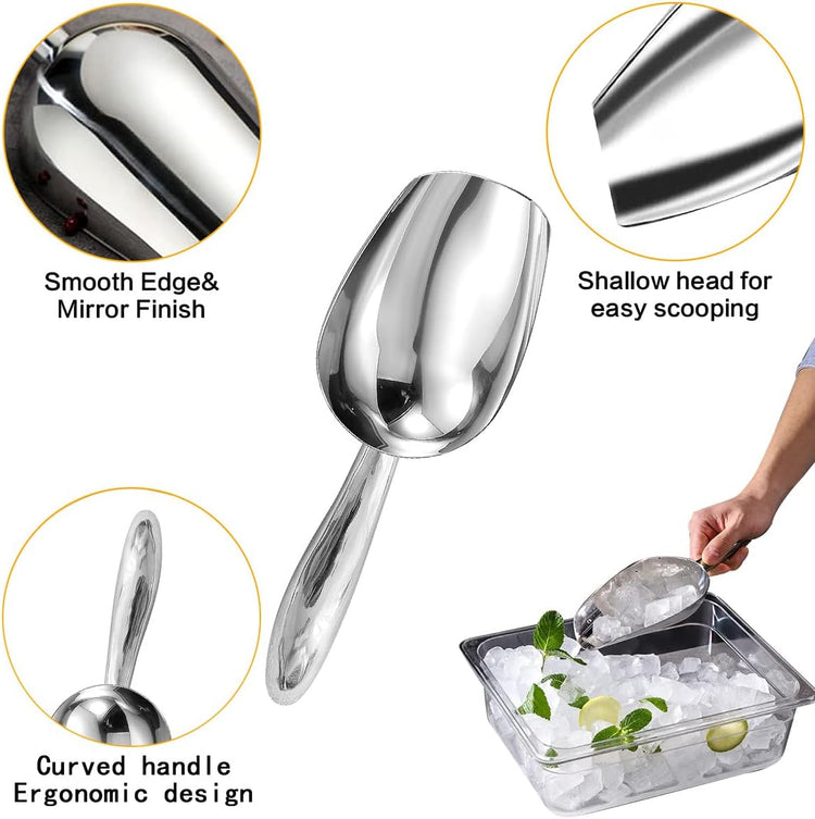 Metal Ice Scoop,Kitchen Ice Scooper for Ice Maker,Stainless Steel Small Ice Scooper for Freezer,Kitchen Gadgets Cookie Flour Pet Dog Food Scoop (Curved handle silver, 6OZ)