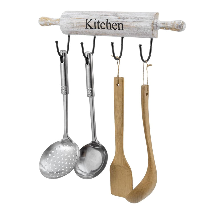 White Washed Wood Kitchen Utensil Rack with 4 Hooks