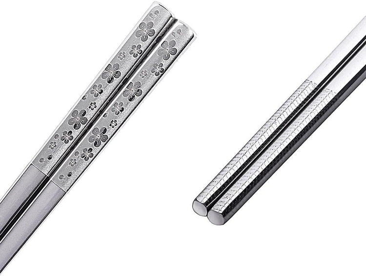 Metal Chopsticks Reusable Titanium Plated Stainless Steel Japanese Korean for Food & Cooking 9.5Inch Non-Slip for Beginners Square Laser 5 Pairs Gift Set