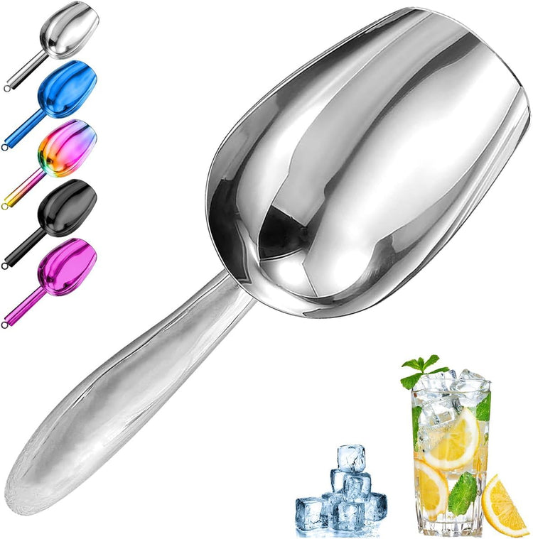 Metal Ice Scoop,Kitchen Ice Scooper for Ice Maker,Stainless Steel Small Ice Scooper for Freezer,Kitchen Gadgets Cookie Flour Pet Dog Food Scoop (Curved handle silver, 6OZ)
