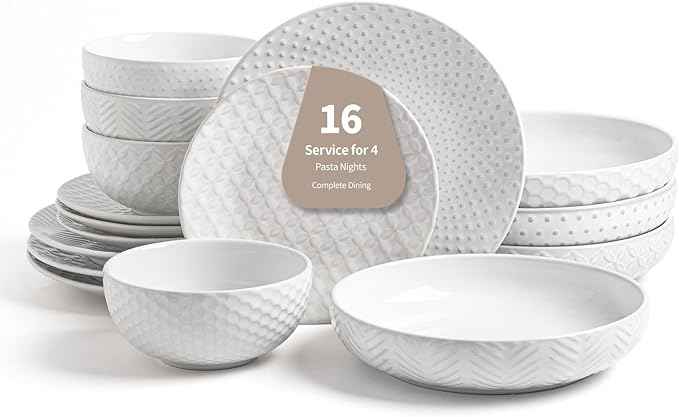 16-Piece Ceramic Plates and Bowls Set,Dual Bowl Dish Set with Dinner & Pasta BowlsοΌElegant Embossed Dinnerware for Modern Homes,for Microwave & Dishwasher Safe