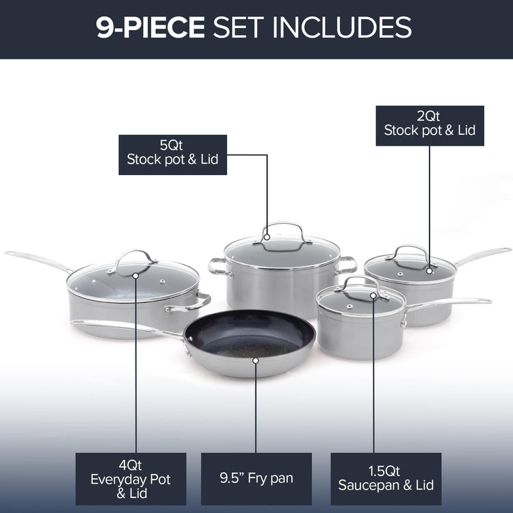 Nuwave Healthy Duralon Blue Ceramic Nonstick Coated 9pc Cookware Set, Scratch-Resistant Diamond Infused, PFAS Free, Induction Ready & Evenly Heats, Oven Safe, Tempered Glass Lids