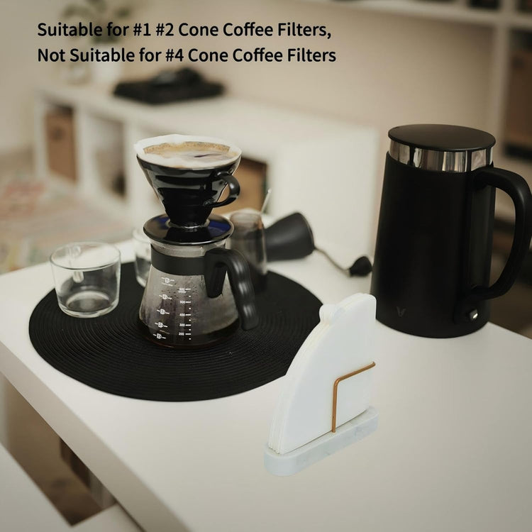 Cone Coffee Filter Holder for Counter, Coffee Filter Storage Container for Cone Paper Filters Size #01 & #02, Marble Base with Non-Slip Pad (White)