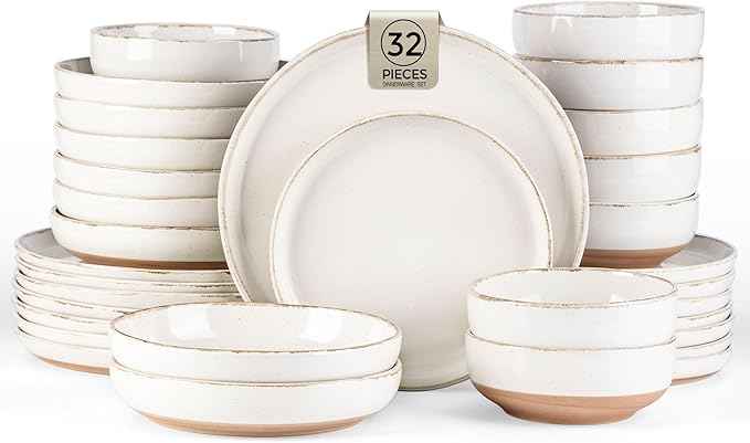 AmorArc Ceramic Dinnerware Sets with Pasta Bowls for 8, Handpainted Plates and Bowls Set with Rustic Terracotta Underside, Scratch Resistant Dishes Set, Dishwasher & Microwave Safe, 32 Pcs