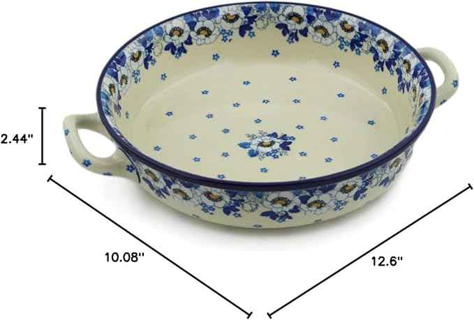Polmedia Polish Pottery Round Baker with Handles 10-inch - Blue Spring Pattern Handmade in Boleslawiec Poland by Ceramika Artystyczna + Certificate of Authenticity