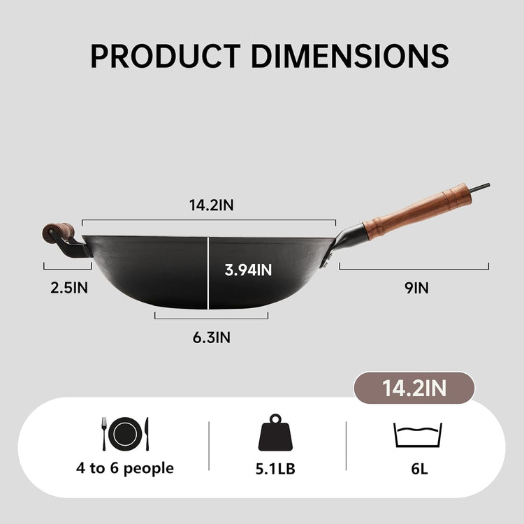 WANGYUANJI 14.2 Inch Cast Iron Wok with Lid – Flat Bottom Chinese Stir Fry Pan, Handcrafted Non-Coated Iron Cookware for Induction, Gas & Electric Stoves, Black