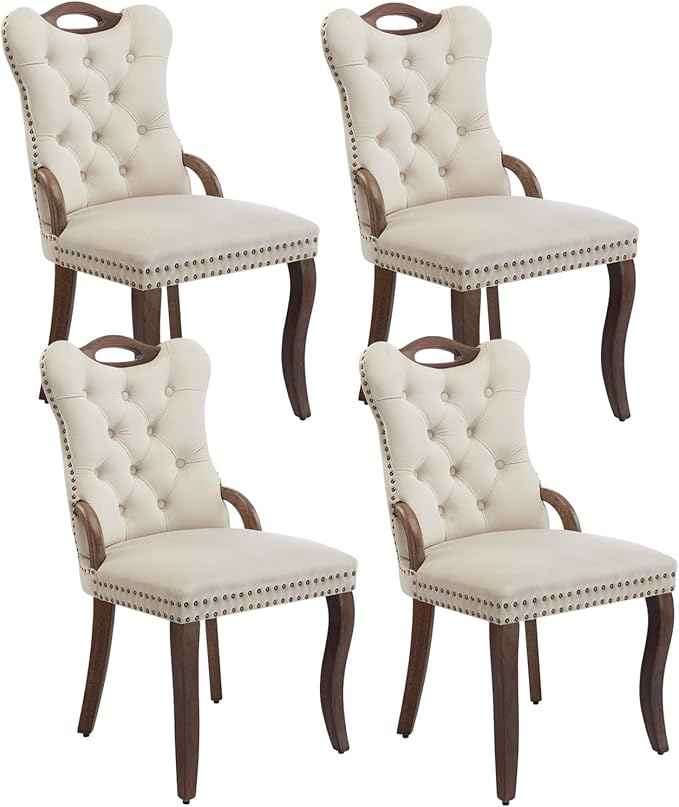 Beige Velvet Dining Chairs Set of 4,Modern Upholstered Dining Room Chairs with Tufted Back and Wood Accents, Curved Solid Wood Legs & Nailhead Trim, Sillas De Comedor Modernas 4