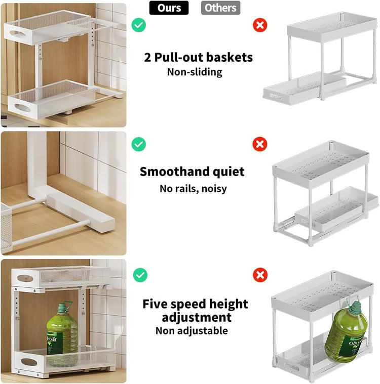 Under Sink Organizer, 2-Tier Slide-Out Storage Shelf with Mesh Drawers - Adjustable Height Heavy-Duty Steel Cabinet Organizer for Kitchen/Bathroom/Laundry, Easy Assembly, Space Saver (White)