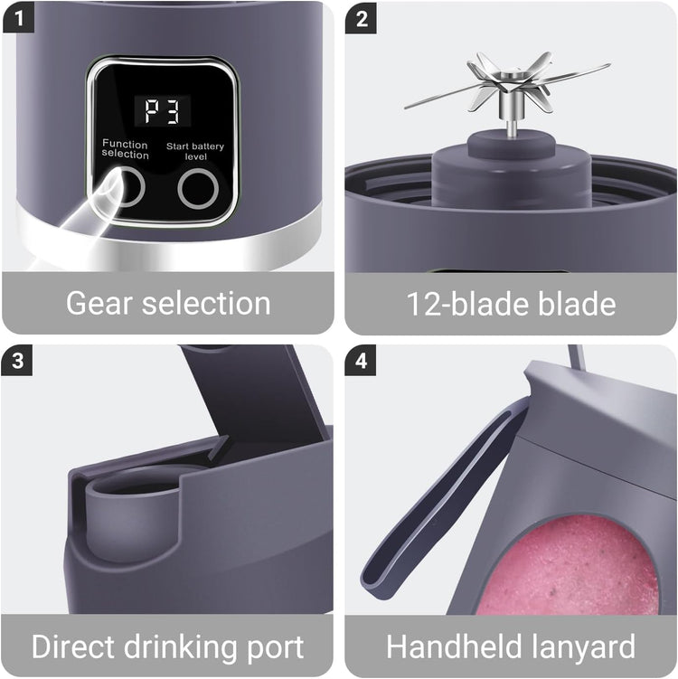 Portable Personal Electric USB Juicer,500ML Mini Blender Portable Blender For Shakes and Smoothies juice,12 Blades Great for Mixing,Compact、Convenient and Versatile (Purple)