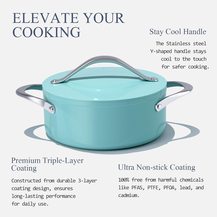 Stock Pot 4.5qt Dutch Oven with Lid (9.5") Nonstick Ceramic Coated Non-Toxic PFAS-Free Even Heat Distribution for Braising, Baking Bread & Soups, Compatible for All Cooktops(Induction/Gas/Electric) Oven Safe to 500ยฐF (Caribbean Blue)