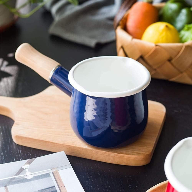 Enamel Milk Pot, Small Enamel Saucepan Milk Pot Butter Warmer 4 Inch 17 Oz Enamel Small Sauce Pan with Wooden Handle, Perfect Size for Heating Smaller Liquid Portions. (Blue)