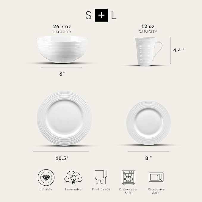 Stone lain Bone China Round Swirl Design 32 Piece Dinnerware Set, White