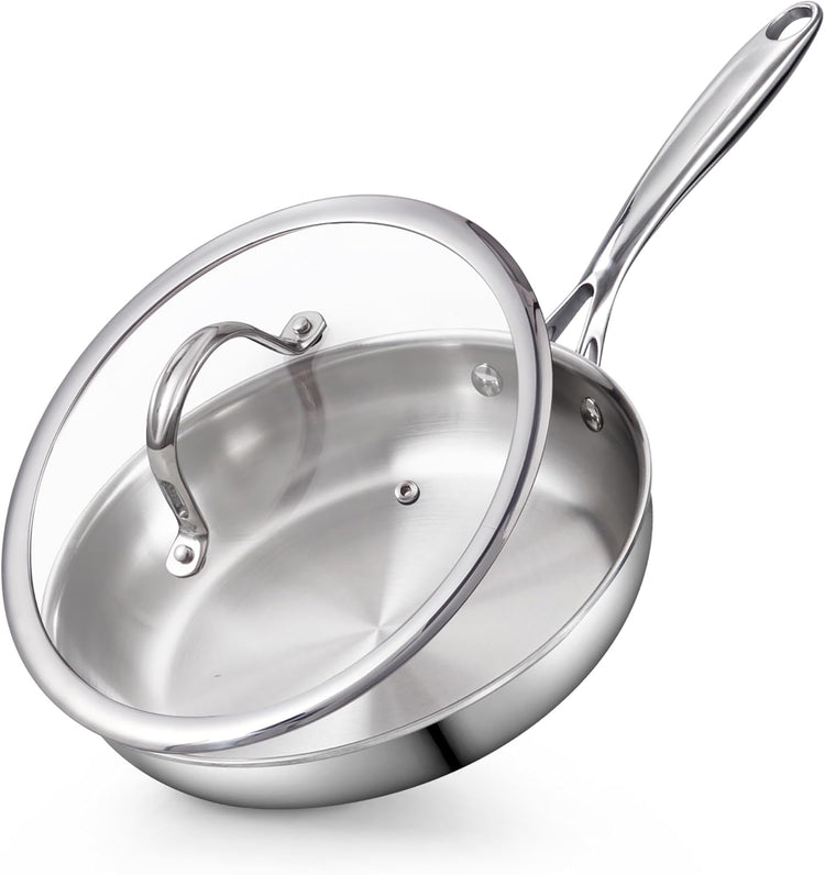 Cooks Standard Stainless Steel Frying Pan with Lid, 8-Inch Multi-Ply Clad Wok Stir Fry Pan, Kitchen Skillet, Silver