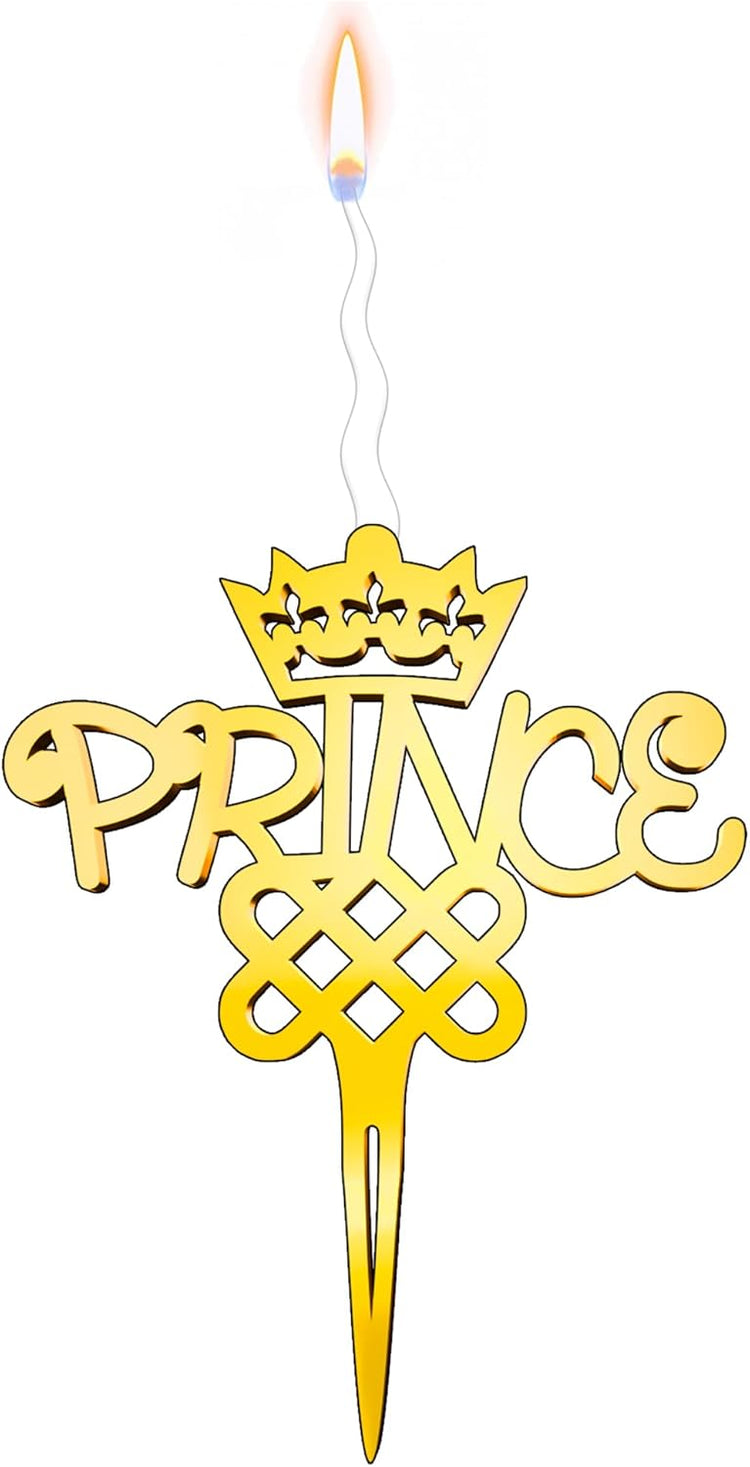 Prince Reusable Gold Romantic Cake Candle - Luxury Cake Topper Candle for Birthdays, Weddings & Anniversaries - Reusable Food Safe Acrylic, Shiny Mirror Finish - Happy Birthday Cake Topper Decor