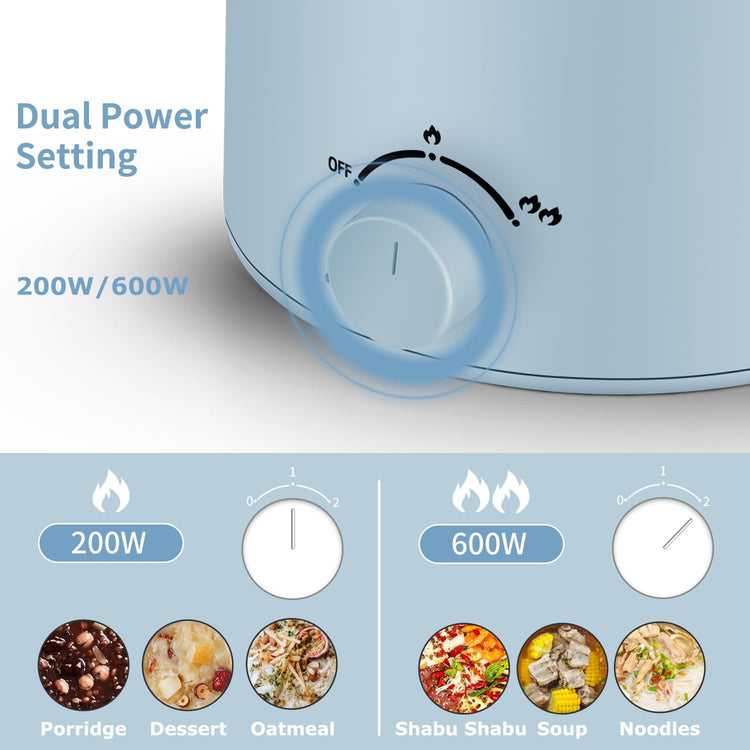 Topwit Hot Pot Electric with Steamer, 1.6L Ramen Cooker, Electric Pot for Pasta, Shabu-Shabu, Oatmeal, Soup and Egg, Portable Cooker with Dual Power Control, Dorm Room Essentials, Blue